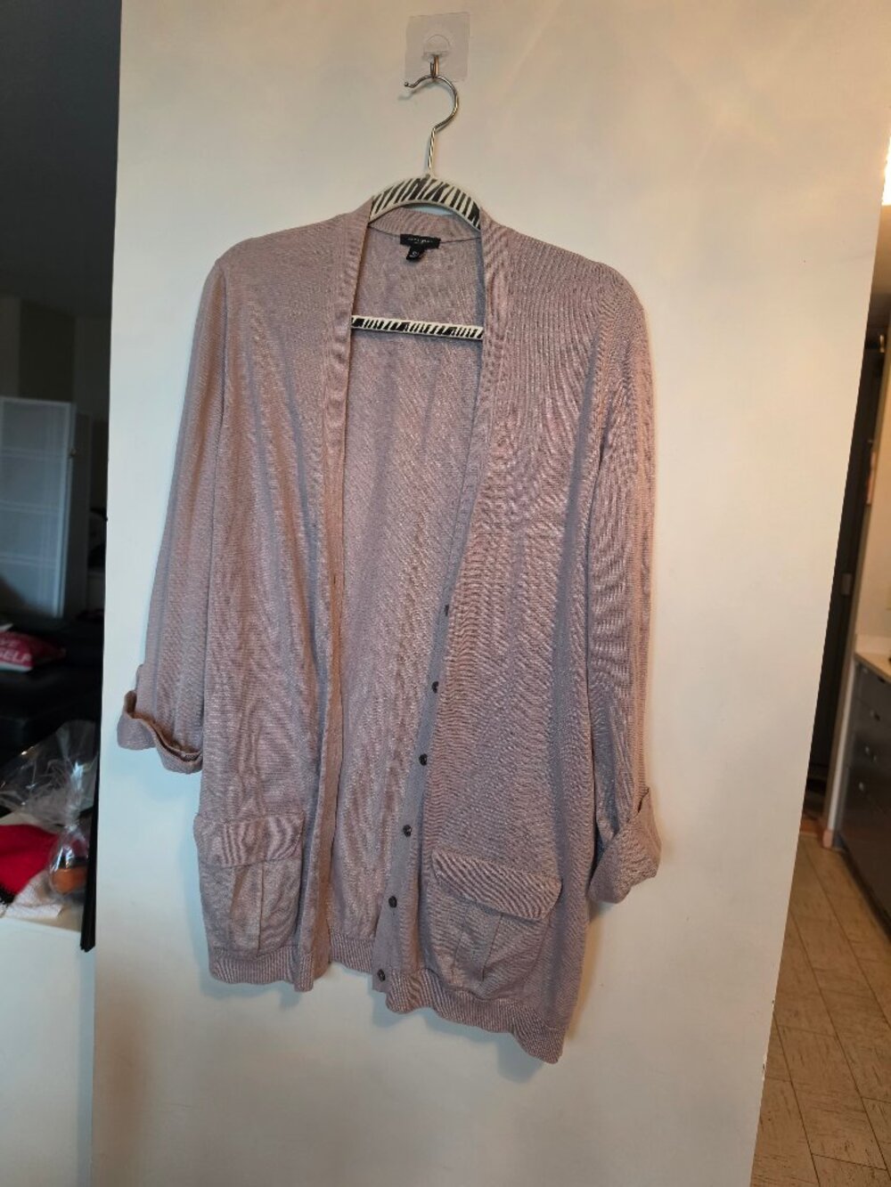 Ann Taylor Mauve Ribbed Button-Front Cardigan Flap Pockets Roll-Tab Size XXL